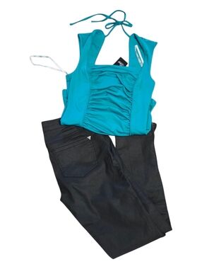 Guess Turquoise Rushed Top and Guess Black Pants, Zipper Detail